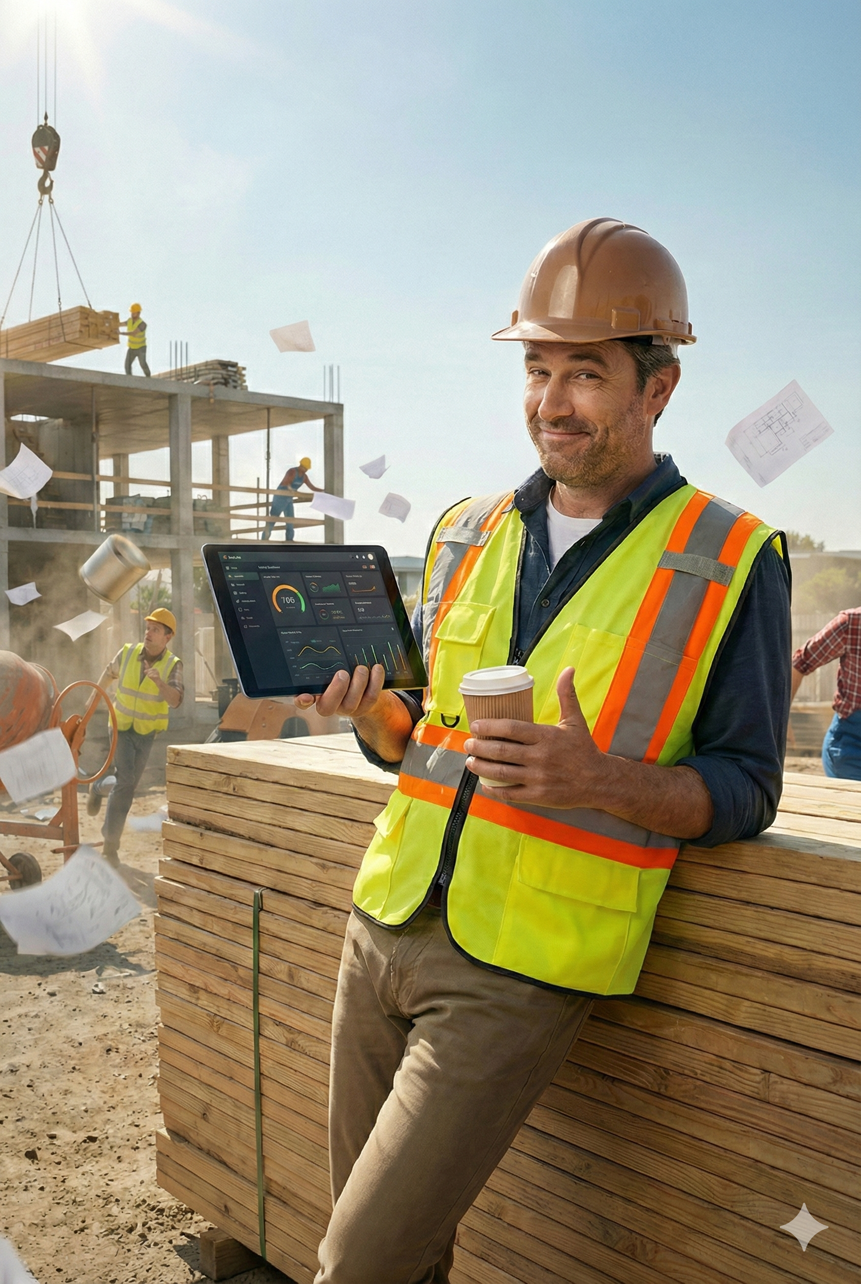 Entspannter Bauleiter mit BauMate – Chaos im Hintergrund, Ruhe im Kopf